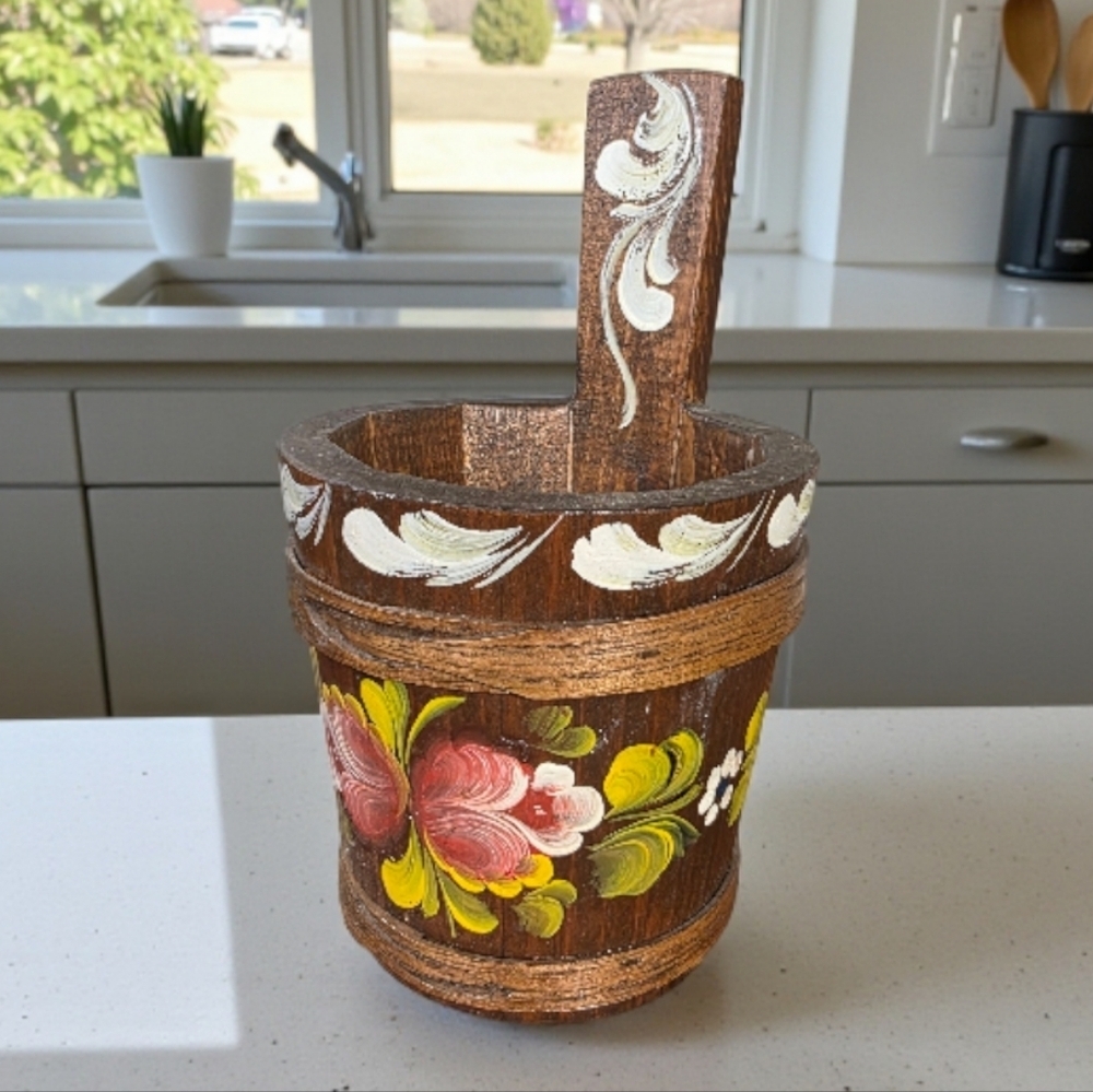 Vintage Handcrafted Small Wooden Pot with Floral Design Scandinavian Antique